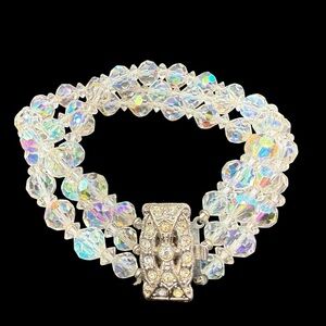 Vintage Crystal Aurora Borealis Beaded Bracelet with Art Deco Box Clasp